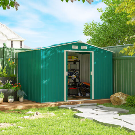 Casetta da Giardino 4.9 m² con Fondazione, 4 Prese d'Aria e 2 Porte Scorrevoli, Capanno Porta Attrezzi in Lamiera d'Acciaio, 277x195x192 cm, Verde Scuro
