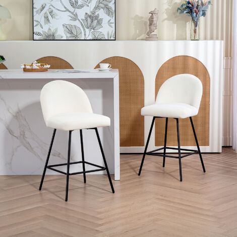 Set 2 Sgabelli da Bar con Schienale in Velluto, Sedie Alte con Poggiapiedi per Isola da Cucina e Bancone Bar, 48.5x56x92 cm, Bianco Crema (1/5)