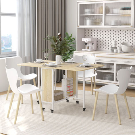 Tavolo da Pranzo Pieghevole, Tavolo a Ribalta per 4-6 Persone, Tavolo da Cucina Salvaspazio Moderno con Ripiano e 6 Ruote, in Metallo, 130x80x74 cm, Color Legno