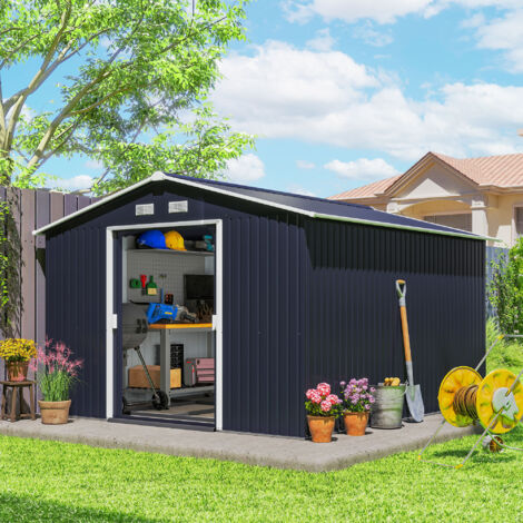 Casetta da Giardino 8.3m² in Acciaio Zincato con kit Fondazione, Prese d'Aria, Capanno da Giardino con Tetto Inclinato, Doppia Porta Scorrevole Bloccabile, Capanno Porta Attrezzi, Grigio