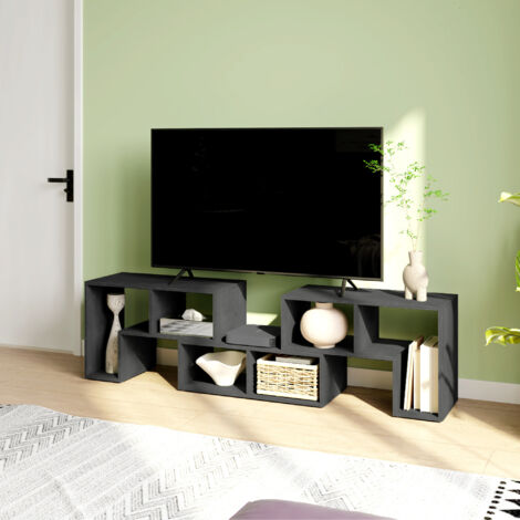 Mobile TV 75" max Modulabile con 2 Ripiani a L e Mensola Rettangolare, Mobile Porta TV Moderno in Truciolato per Soggiorno, 134-180x30.5x44 cm, Nero (1/5)