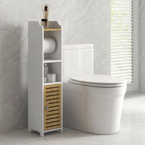 Mobiletto Bagno Salvaspazio in Truciolato, Mobiletto Multiuso con Ripiano per Carta Igienica, Ripiani Aperti e Armadietto Inferiore, 18x20x90 cm, Bianco (1/5)