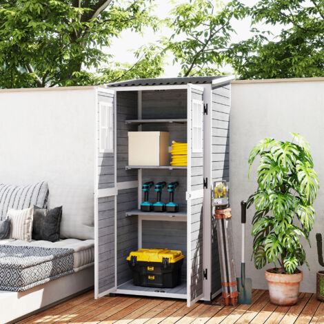 Capanno Porta Attrezzi da Giardino in Legno di Abete con 2 Finestre e Ripiani Regolabili, Casetta Attrezzi Giardino Bloccabile, Tetto Inclinato per Terrazza Patio, 91x69x192cm, Grigio Chiaro