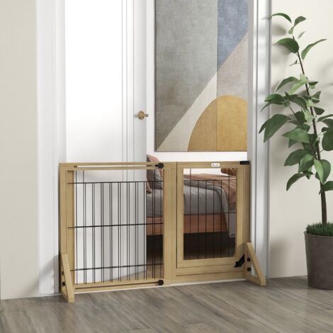 Cancellino per Cani Estensibile, Cancelletto di Sicurezza per Animali e Cuccioli con Porta e 2 Pannelli, Piedini Triangolari, 112-159x70 cm, Legno Naturale (1/5)