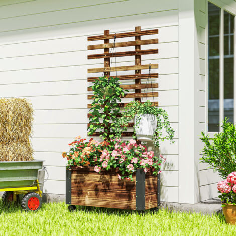 Wooden Raised Garden Bed, Planter with Trellis and Metal Corners, Portable on Wheels, for Patio, Backyard, Deck, Brown (1/5)