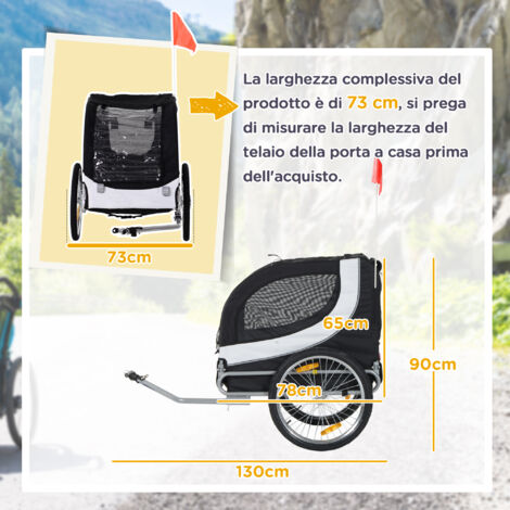 Rimorchio Bici per Cani Taglia Media con Finestre Laterali e Bandierina, Rimorchio per Bici in Acciaio e Tessuto Oxford, 130x73x90 cm, Bianco e Nero (1/5)