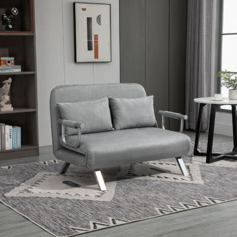 Divano Letto 2 Posti con Schienale Regolabile in 5 Livelli, Divano Letto Matrimoniale Pieghevole con 2 Cuscini per Soggiorno, in Finta Pelle Scamosciata e Acciaio, 111x80x78 cm, Grigio Chiaro (1/5)