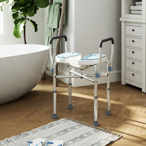 Sgabello Doccia con Braccioli, Seduta Scanalata e Barre di Rinforzo, Sedia Doccia per Anziani e Disabili, Vasca da Bagno con Altezza Regolabile, Fori per Acqua e Piedini Antiscivolo, Azzurro