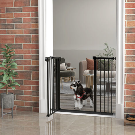 Cancellino per Cani e Animali Domestici 2 Estensioni Larghezza Regolabile Fino 94 cm, Cancello per Cani con Fissaggio a Pressione Senza Fori e Chiusura Automatica, Nero