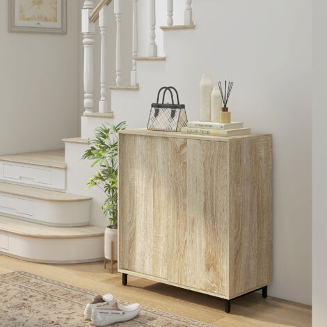 Scarpiera da Ingresso a 4 Livelli, Mobile Scarpiera in Truciolato e Acciaio e Porta Scorrevole, Mobile per Scarpe con Ripiani max 12 Paia di Scarpe, 80x40x93 cm, color Legno (1/5)