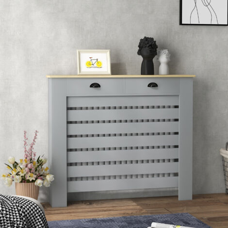 Copritermosifone a Doghe Moderno, Copricalorifero a Griglia con 2 Cassetti in MDF, per Casa e Ufficio, 111x19x95.5 cm, Grigio