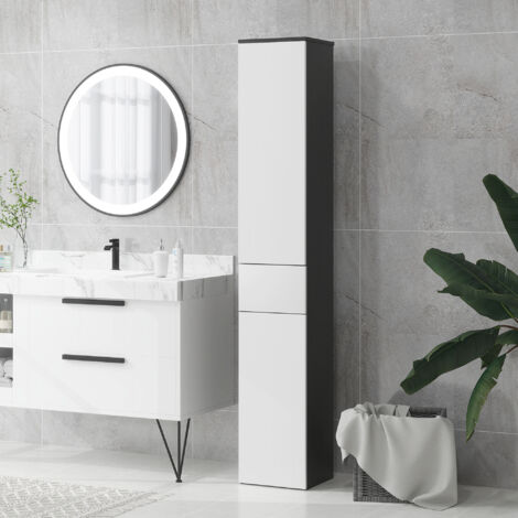 Colonna Bagno con 2 Armadietti e Cassetto, Mobile Bagno Alto, Mobiletto Bagno Salvaspazio con 2 Ante, Ripiani Regolabili in Legno, 30x28x180 cm, Nero (1/5)
