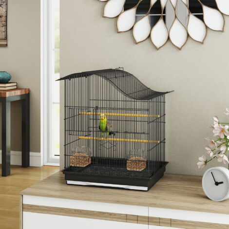 Gabbia per Uccelli a 4 Ingressi con 2 Ciotole, 2 Posatoi e Vassoio Estraibile, Gabbia per Animali Domestici in Metallo e Plastica, 47.5x36x54.5 cm, Nero