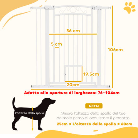 Cancelletto di Sicurezza per Cani da Interno, Cancelletto per Cani con 2 Estensioni 76-104 cm e Porta per Gatti, Cancello per Cani Animali Domestici Alto 106 cm, per Corridoio e Scale, Bianco