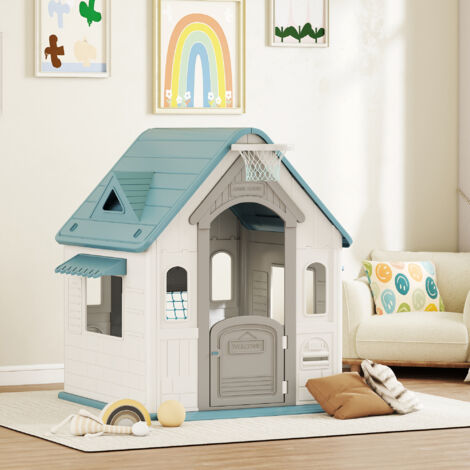 5-in-1 Playhouse for Kids Outdoor Indoor with Basketball Hoop, Football Goal, Dartboard, Ring Toss for 2-5 Years, Beige
