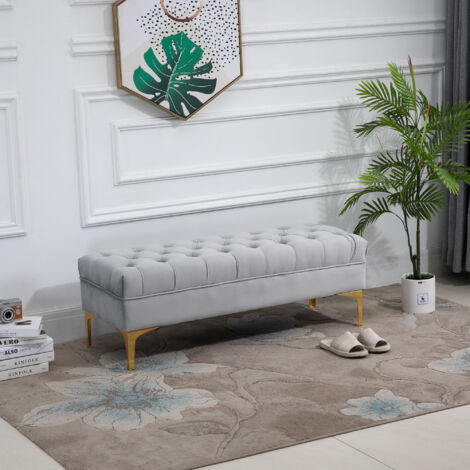 Panca Camera da Letto con Rivestimento Trapuntato, Panca Imbottita in Velluto con Gambe in Metallo per Ingresso, Corridoio e Soggiorno, 118x45x42 cm, Grigio