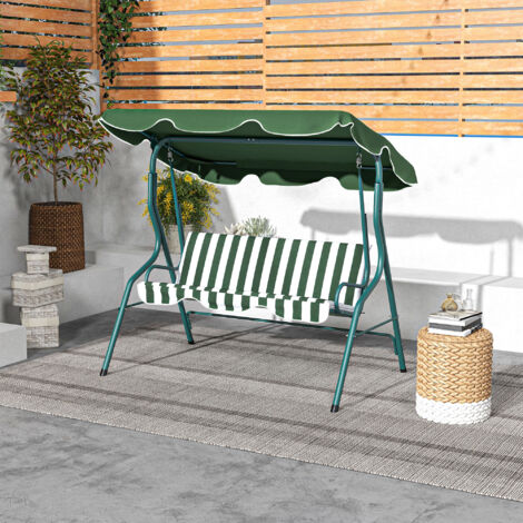 Dondolo 3 Posti con Tettuccio Regolabile e Cuscini Imbottiti, Dondolo da Giardino in Acciaio e Poliestere, 170x110x153 cm, Verde e Bianco (1/5)