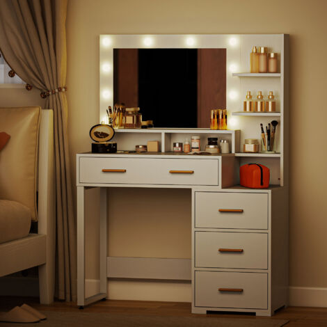 Postazione Trucco con Luci LED, Toeletta Trucco con 4 Cassetti, 6 Ripiani Aperti e Specchio, Tavolo Toeletta per Camera da Letto, Moderno, 100x40x138 cm, Bianco (1/5)