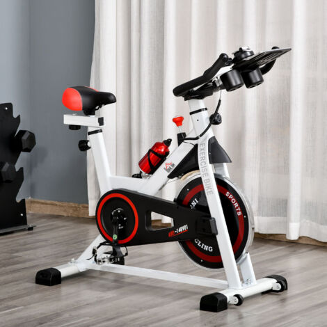 Cyclette da Casa con Resistenza Regolabile, Fitness Cyclette da Camera Professionale Silenzioso con Manubrio e Sella Regolabile, Vassoio Portaoggetti, Monitor LCD, Portabottiglie, Ruote, Bianco