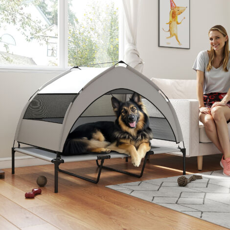 Lettino per Cani Rialzato di 23 cm con Copertura a 3 Lati Rimovibile, Brandina per Cani di Taglia Grande Traspirante in Acciaio con Borsa di Trasporto, 122x92x94 cm, Grigio Chiaro e Nero