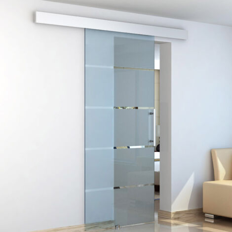 Porta Scorrevole Interna in Vetro Smerigliato e Satinato con Binario B2 e Maniglia per Bagno Cucina Studio Vetro 205x 102.5x 0,8cm