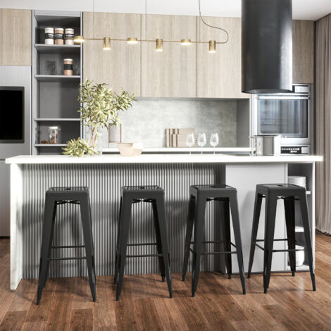 Set 4 Sgabelli Bar Impilabili con Poggiapiedi, Sgabelli Cucina Alti in Metallo, Sedie Bar Alte Stile Industriale per Penisola, Cucina, Sala da pranzo, 43x43x76 cm, Nero (1/5)