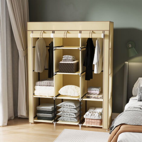 Guardaroba in Tessuto con Base Rialzata, 8 Ripiani e 2 Barre, Armadio Guardaroba Salvaspazio in Tessuto non Tessuto, PP e Acciaio, per Camera da Letto, 125x43x162.5 cm, Beige (1/5)
