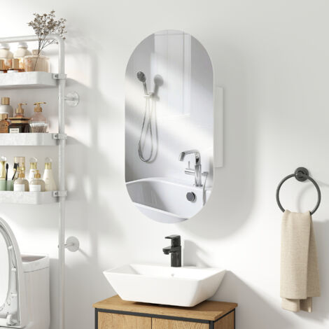Specchiera Bagno Ovale con Armadietto, Specchio Contenitore Bagno Moderna a Parete con Due Ripiani Salvaspazio, 45x90 cm, Bianco