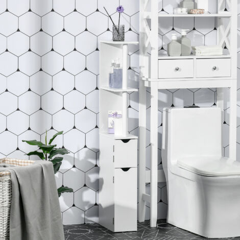 Mobiletto Bagno Salvaspazio a Colonna con 2 Ripiani e 2 Armadietti, Colonna Bagno in Legno per Salotto, Soggiorno, 15.2x29.8x118 cm, Bianco (1/5)