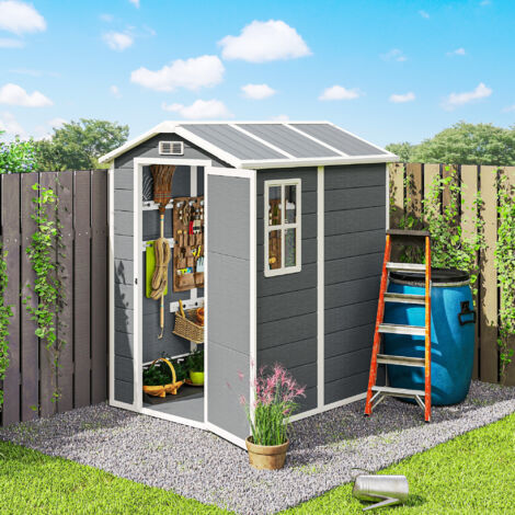 Casetta da Giardino Porta Attrezzi in Finitura Effetto Legno Graffiato con Pavimento, 2.1m² Capanno da Giardino con Porta e Serratura, Tetto Inclinato, 131x186x198cm, Grigio
