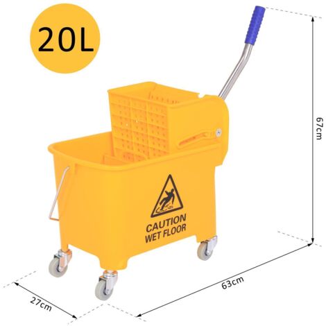 Carrello Pulizie Professionali da 20L con Secchio per Mocio, Carrello Lavapavimenti con Strizzatore, Pannello di Separazione, Maniglia e 4 Ruote in Plastica, 60x27x70.5 cm, Giallo