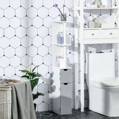 Mobiletto Bagno Salvaspazio a Colonna con 2 Ripiani e 2 Armadietti, Colonna Bagno in Legno per Salotto, Soggiorno, 15.2x29.8x118 cm, Bianco e Grigio (1/5)