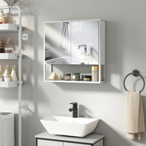 Specchio Bagno Contenitore a Parete con Soft Close, Mobile Bagno con Specchio, Mensola Regolabile e Ripiano Aperto, Specchiera Bagno in Legno e Acciaio, 60x16x60 cm, Bianco