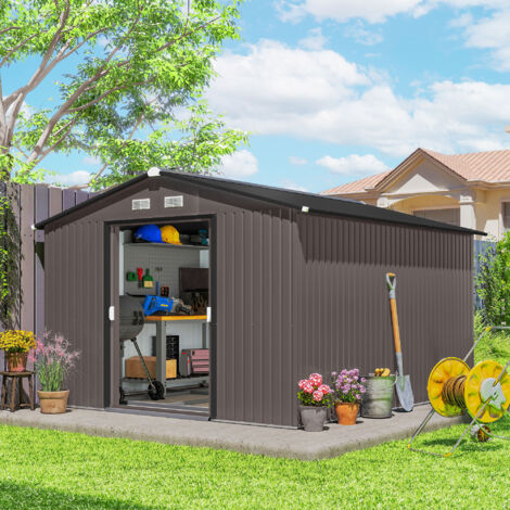 Casetta da Giardino 8.3m² in Acciaio Zincato con kit Fondazione, Prese d'Aria, Capanno da Giardino con Tetto Inclinato, Doppia Porta Scorrevole Bloccabile, Capanno Porta Attrezzi, Marrone