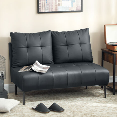 Divano 2 Posti Compatto in Finta Pelle, Divano Moderno Trapuntato a Bottoni con Imbottitura Spessa e Gambe in Legno, Divanetto Senza Braccioli per Salotto e Studio, 115x73x83 cm, Nero