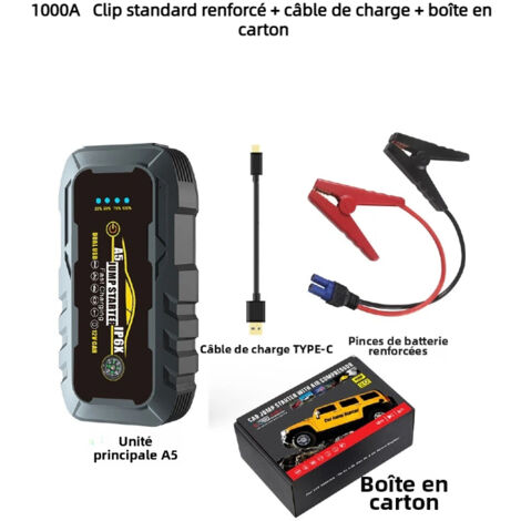Cargador de 12 V, arrancador y cables de arranque - Cargador de batería - Compresor - Cargador de batería de arranque - Batería de 6000 mAh y 1000 A con luz LED - Para coches, motos y cajas de cartón