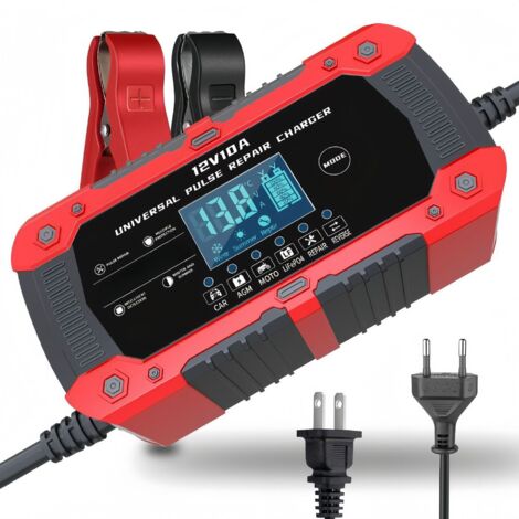 Cargador de batería inteligente para coche, 12 V, 10 A, función de reparación automática, portátil con pantalla LCD, para coche, motocicleta y camión.