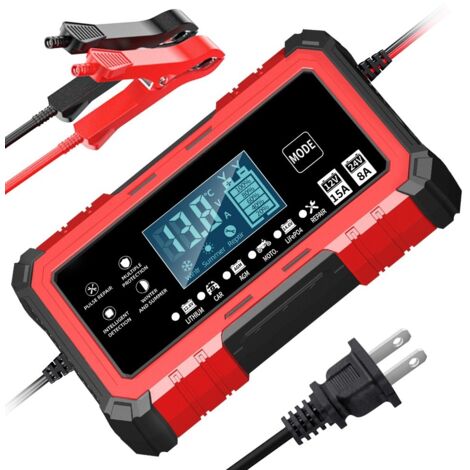 Cargador de batería para coche - Cargador inteligente de 12 V 15 A/24 V 8 A - Función de reparación automática, portátil con pantalla LCD, para coche, motocicleta y camión