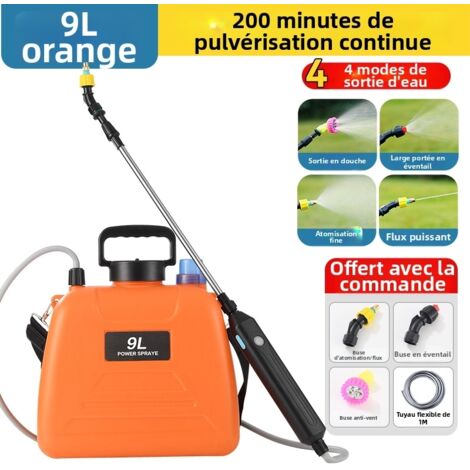 Pulverizador de mochila eléctrico portátil de 9 l con lanza telescópica, batería de 120 min de duración, recargable, carga USB tipo C (arnés + 3 boquillas) para jardín y plantas (naranja) (1/4)