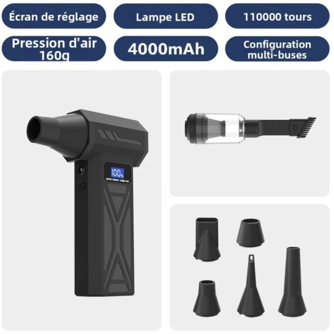 Soplador de aire comprimido, 110.000 RPM, minisoplador inalámbrico potente, 4 velocidades, pantalla LCD, linterna para PC, teclado, coche y hogar, con boquilla de succión.