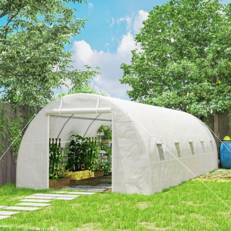 Outsunny Invernadero de Exterior Invernadero de Túnel 8x3x2 m Invernadero de Jardín con 12 Ventanas y Puerta Enrollable para Cultivo Plantas Tomates Verduras Acero y PE 140 g/m² Blanco