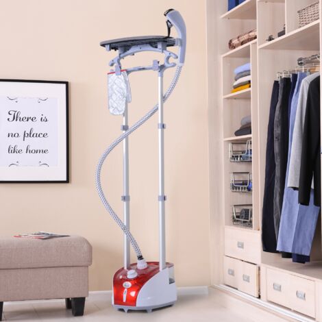 HOMCOM Plancha Vertical Vapor 1950W, Depósito de 2 L, 32g/min, Plancha de Vapor Vertical con Barra Telescópica, Listo en 38s,Colgador de Ropa, Centro de Planchado para Hogar Oficina, Rojo