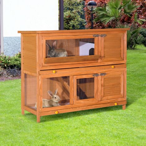 PawHut Conejera de Madera Exterior de 2 Niveles Jaula para Conejos con Techo de Asfalto Abrible Rampa Puertas y 2 Bandejas Extraíbles 120x48x100 cm Madera Natural (1/5)