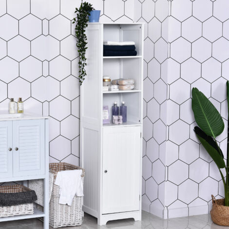Armario Alto de Baño de 5 Niveles Columna Auxiliar de Baño con 3 Estantes 1 Puerta y Balda Ajustable 40x38x160 cm Blanco