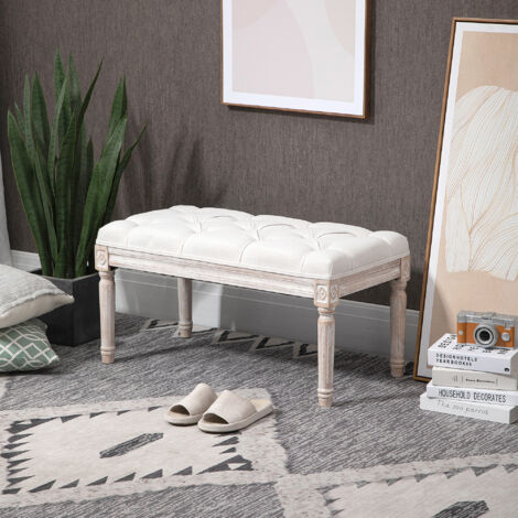 HOMCOM Taburete para Pie de Cama Tapizado en Tela con Asiento Acolchado y Patas de Madera Banqueta de Estilo Vintage para Dormitorio Recibidor Salón 80x40x43 cm Beige