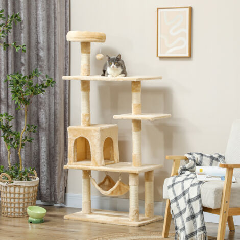 Árbol Rascador para Gatos Grande 70x40x152 cm Torre para Gatos con Múltiples Plataformas Cueva Hamaca Postes Beige