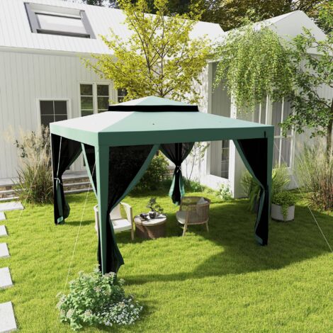 Carpa de Jardín 3x3 m Cenador Gazebo con 4 Mosquiteras Laterales Techo Doble 8 Orificios de Drenaje Marco de Metal Verde (1/5)