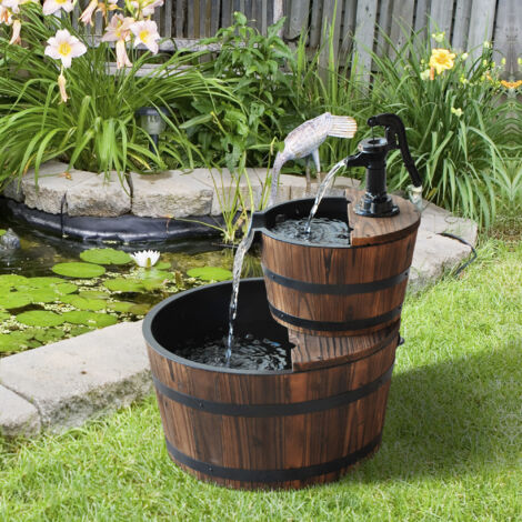 Fuente de Jardín de Madera en Cascada de 2 Niveles con Bomba Eléctrica y Salida de Agua Ajustable 44,5x44,5x58,5 cm Natural