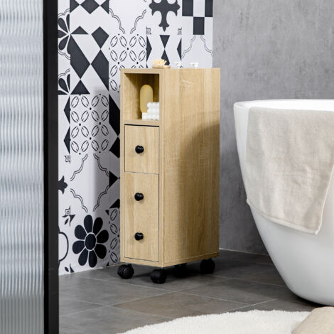 Armario de Baño con Ruedas Mueble Auxiliar para Baño con Estante Abierto Puerta y Cajón 18x30x68,5 cm Roble (1/5)