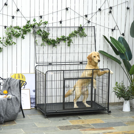 PawHut Jaula para Perros Plegable de Metal Jaula para Perros Grandes 125x76x81 cm con Ruedas y Frenos Bandeja Extraíble y Puerta con Pestillos para Golden Retriver Labrador Gris Oscuro (1/5)
